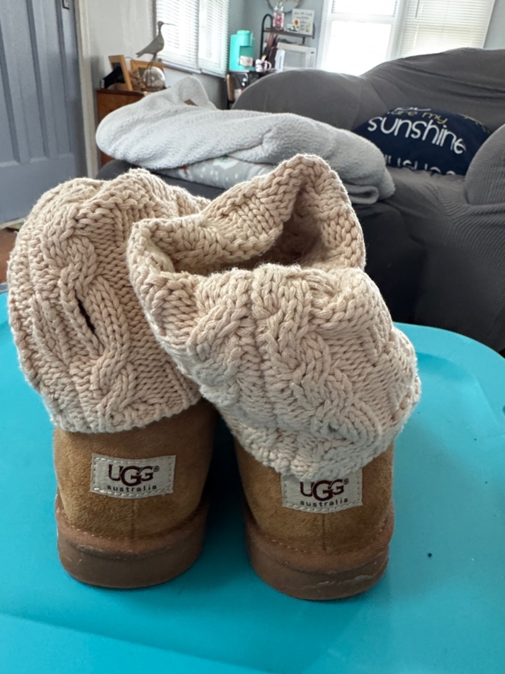 UGG Chestnut Suede Mini Boots with Cream Cable Knit Cuff
